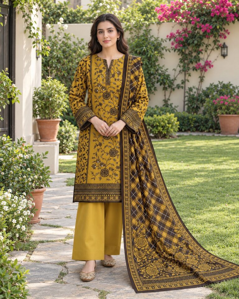 Mustard and Brown Winter Dhanak suit D-5600, front AI styling visualisation; supplied unstitched