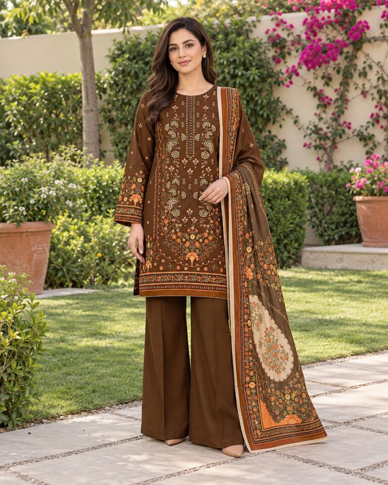 Chocolate and Orange Winter Dhanak suit D-6496, front AI styling visualisation; supplied unstitched