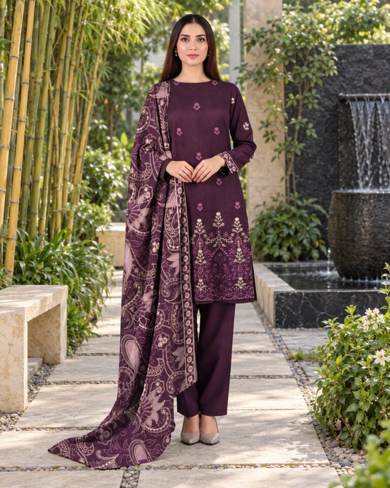 Deep Plum unstitched embroidered suit, volume 749 design 01, front AI styling visualisation