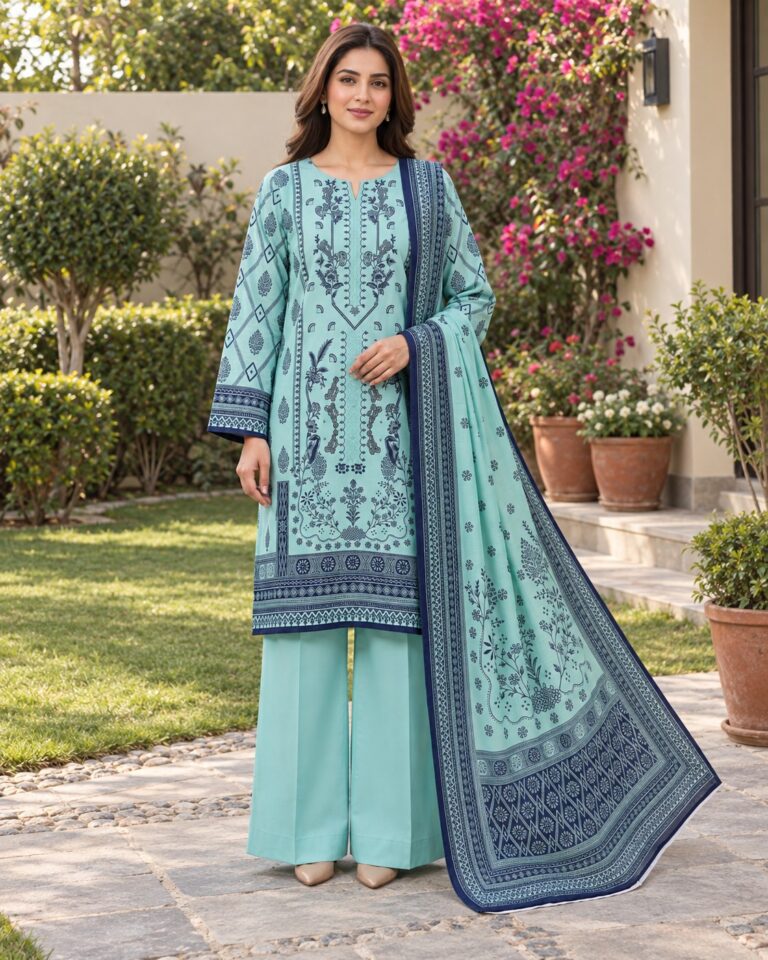 Aqua and Navy Winter Dhanak suit D-6095, front AI styling visualisation; supplied unstitched