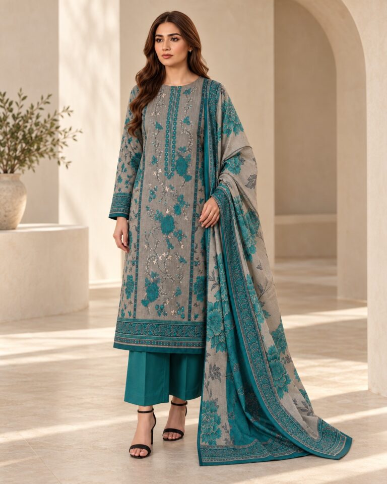 Grey and teal Dhanak suit 3030-A - front styling visualisation; supplied unstitched