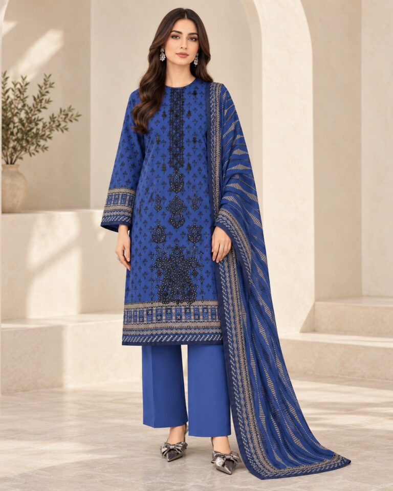 Royal blue and black Dhanak suit 2984-A - front styling visualisation; supplied unstitched