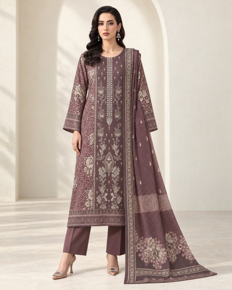 Taupe and cream Dhanak suit 3064-A - front styling visualisation; supplied unstitched
