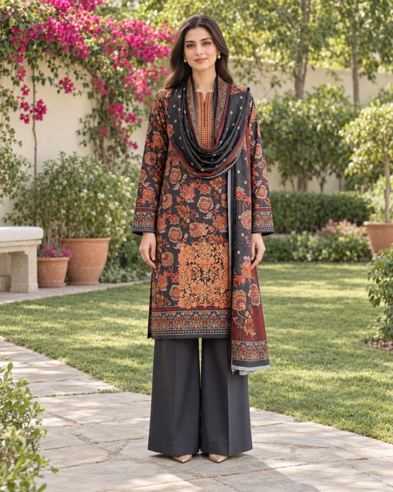 Charcoal and Orange Winter Dhanak suit D-6014, front AI styling visualisation; supplied unstitched