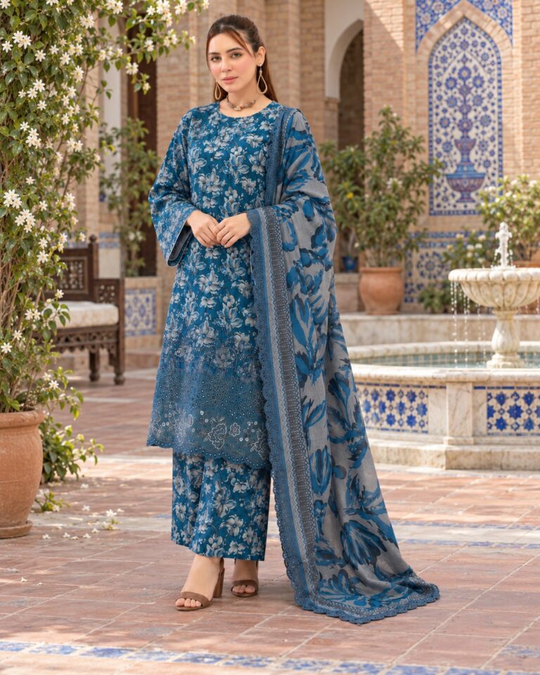 Blue Floral unstitched embroidered suit, volume 1197 design 04, front AI styling visualisation