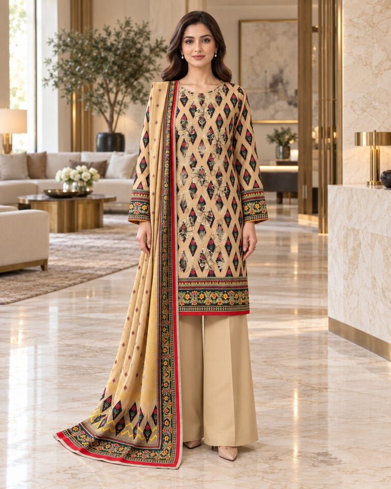 Beige and Red Winter Dhanak suit D-6044, front AI styling visualisation; supplied unstitched